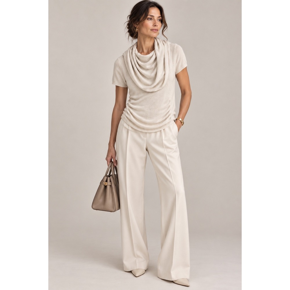 Elie Tahari 100% Cashmere Cowl Neck Ruched Short Sleeve Sweater Beige Oatmeal S